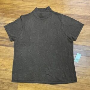 Studio Works Mock Neck Short‎ Sleeve Knit Top Womens Size Large Brown Textured